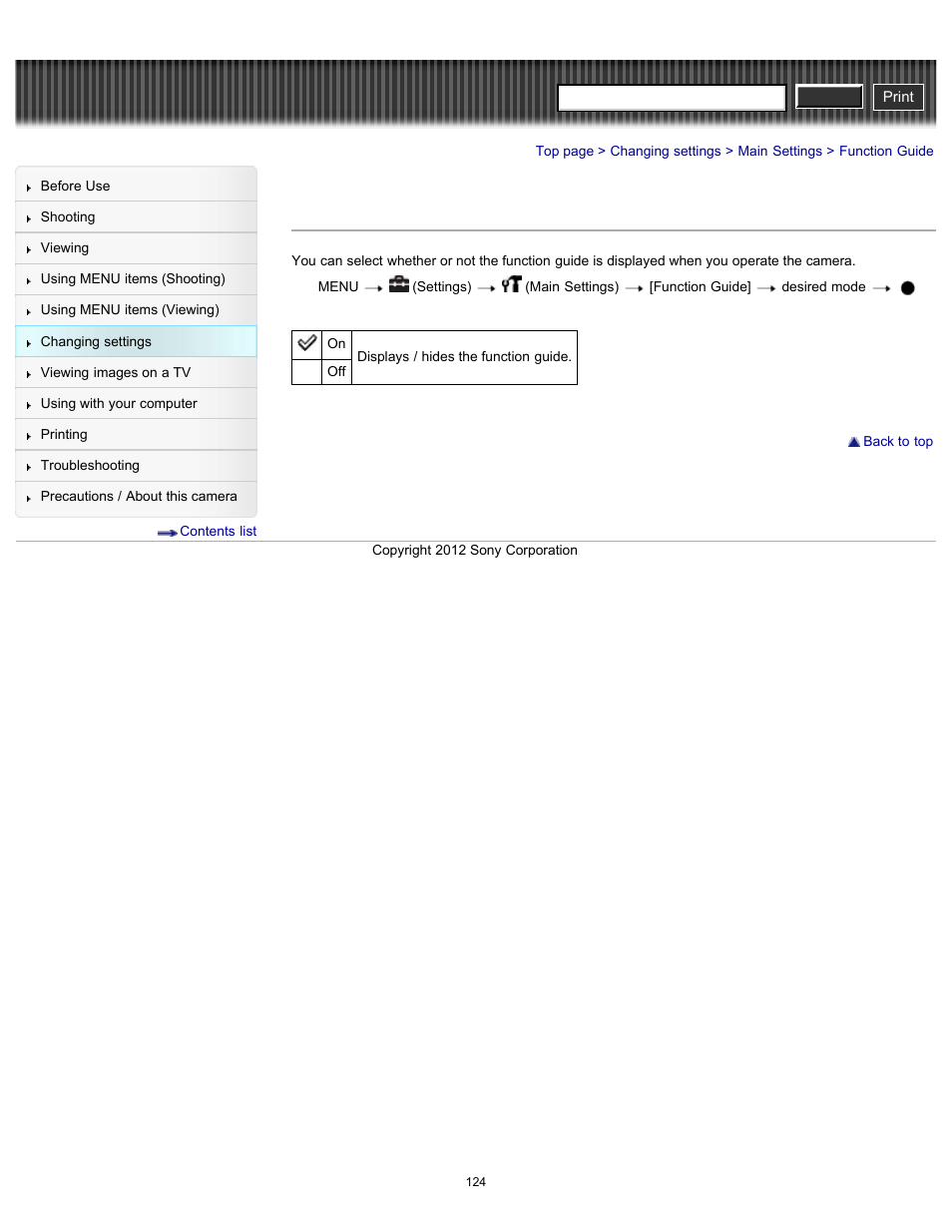 Function guide, Cyber-shot user guide | Sony DSC-W630 User Manual | Page 124 / 186