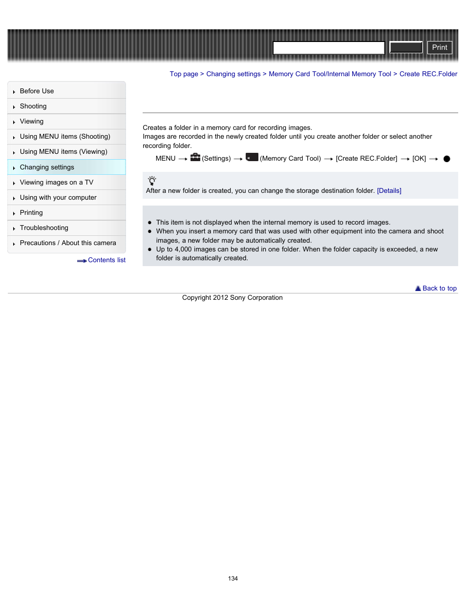 Create rec.folder, Cyber-shot user guide | Sony DSC-W630 User Manual | Page 134 / 186
