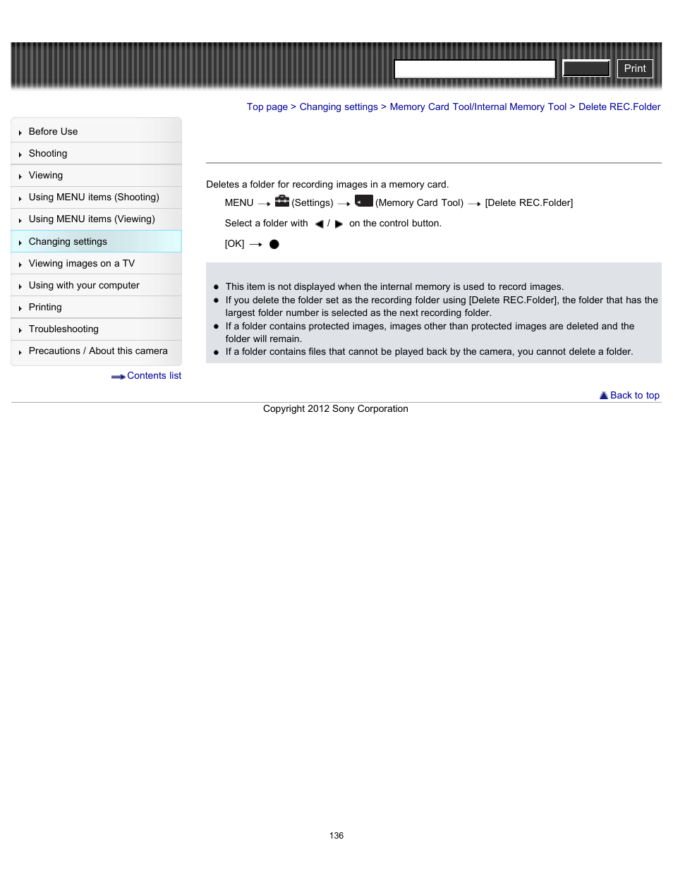 Delete rec.folder, Cyber-shot user guide | Sony DSC-W630 User Manual | Page 136 / 186