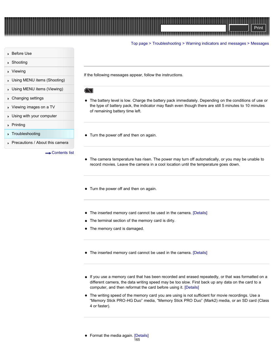 Messages, Details, Cyber-shot user guide | Sony DSC-W630 User Manual | Page 165 / 186