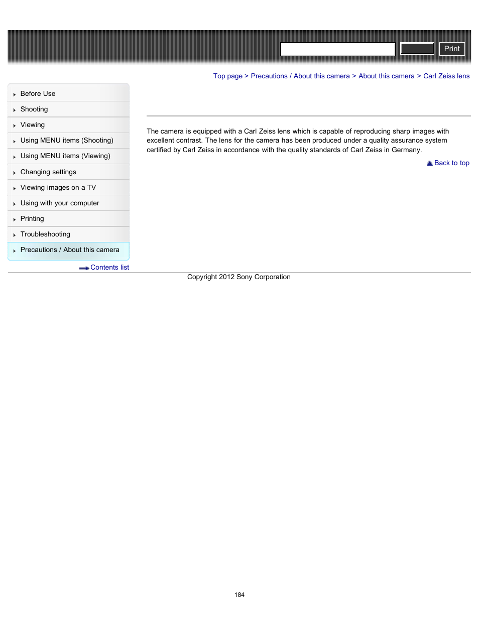 Carl zeiss lens, Cyber-shot user guide | Sony DSC-W630 User Manual | Page 184 / 186