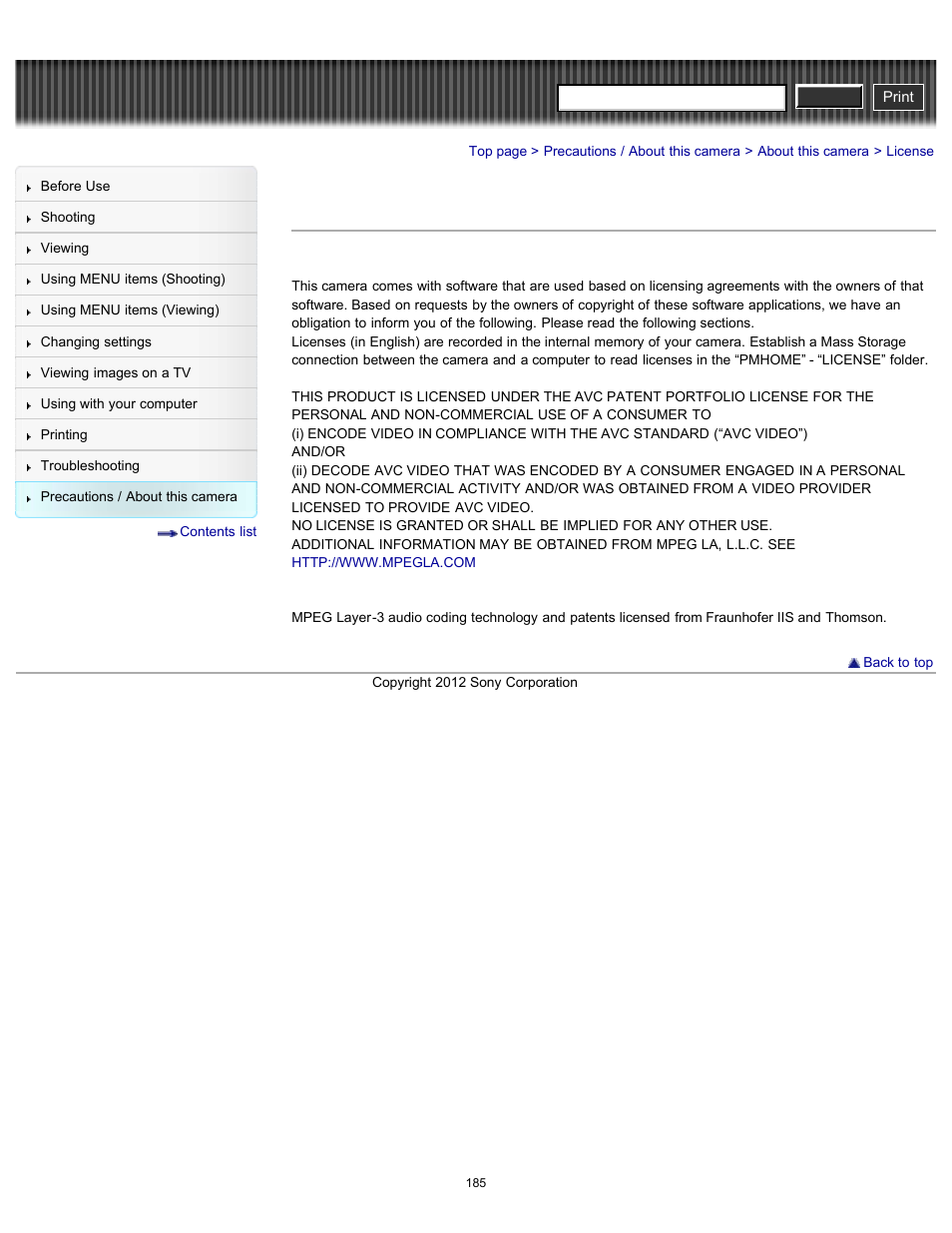 License, Cyber-shot user guide | Sony DSC-W630 User Manual | Page 185 / 186