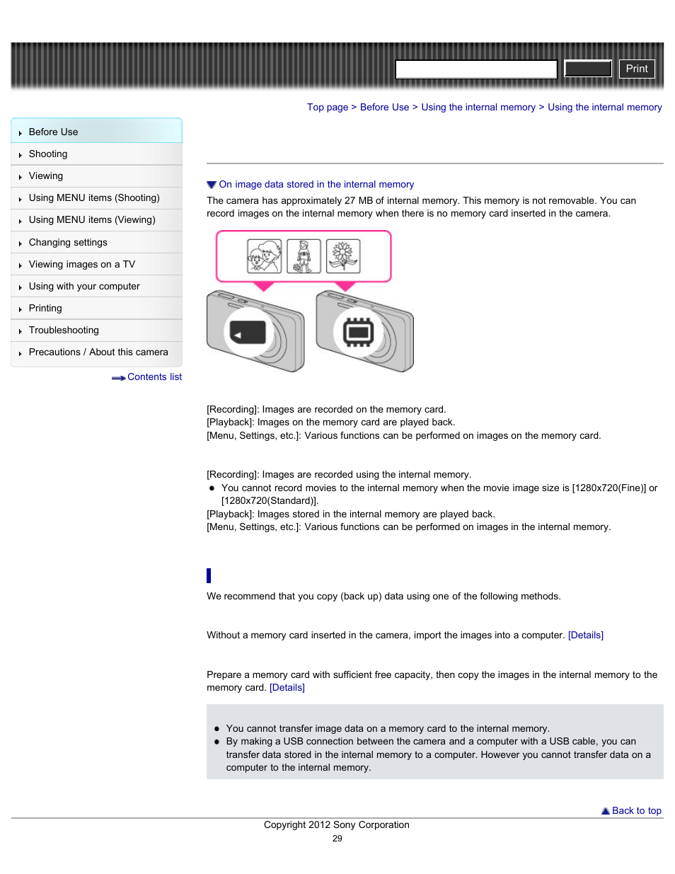 Using the internal memory, Cyber-shot user guide | Sony DSC-W630 User Manual | Page 29 / 186