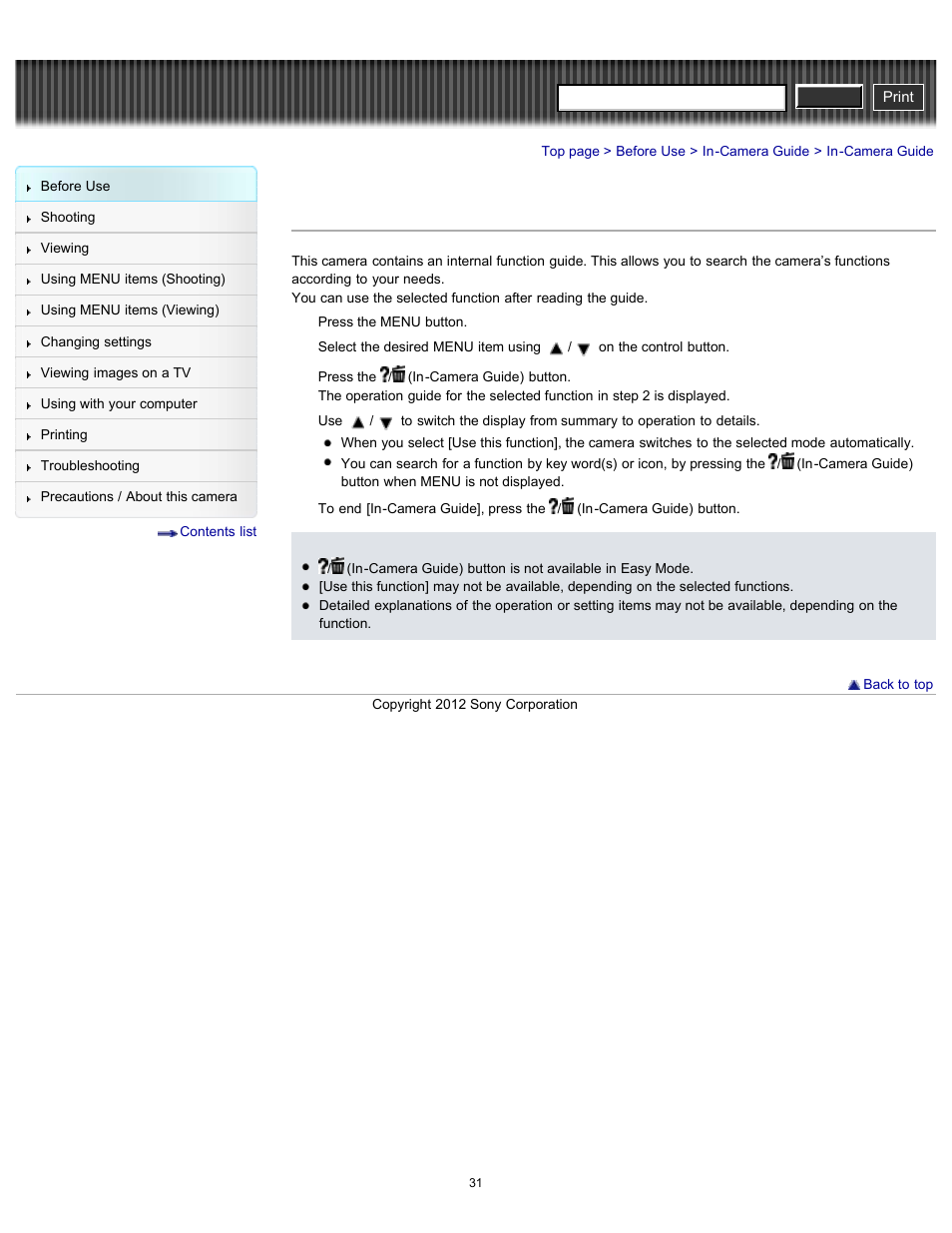 In-camera guide, Cyber-shot user guide | Sony DSC-W630 User Manual | Page 31 / 186