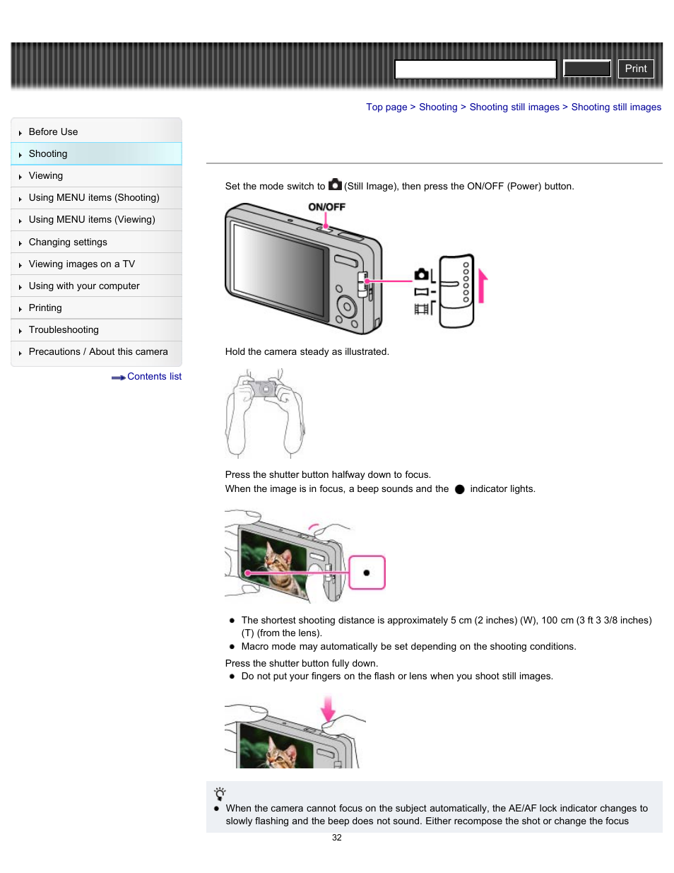 Shooting still images, Cyber-shot user guide | Sony DSC-W630 User Manual | Page 32 / 186