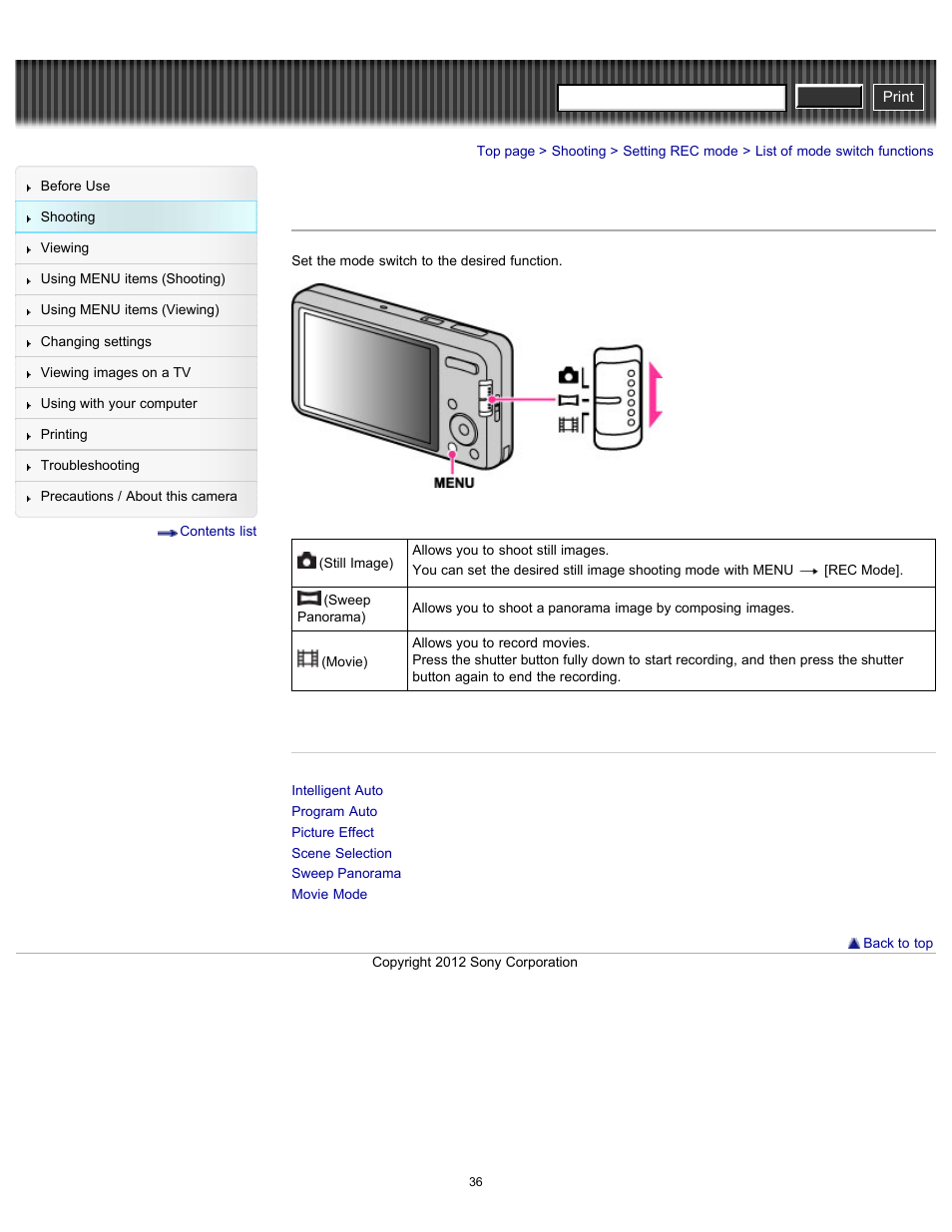 List of mode switch functions, Cyber-shot user guide | Sony DSC-W630 User Manual | Page 36 / 186