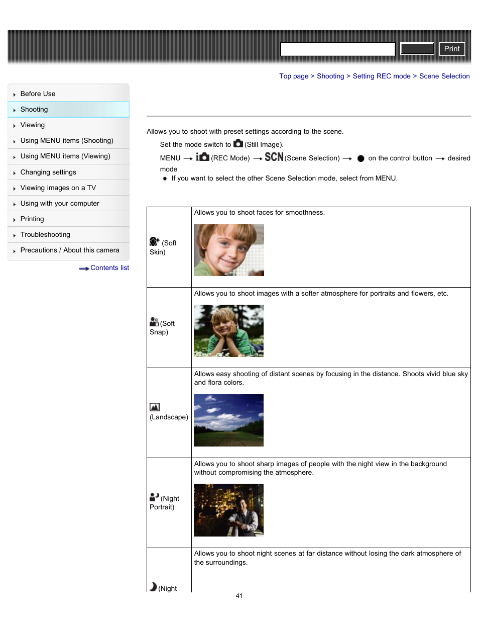 Scene selection, Cyber-shot user guide | Sony DSC-W630 User Manual | Page 41 / 186