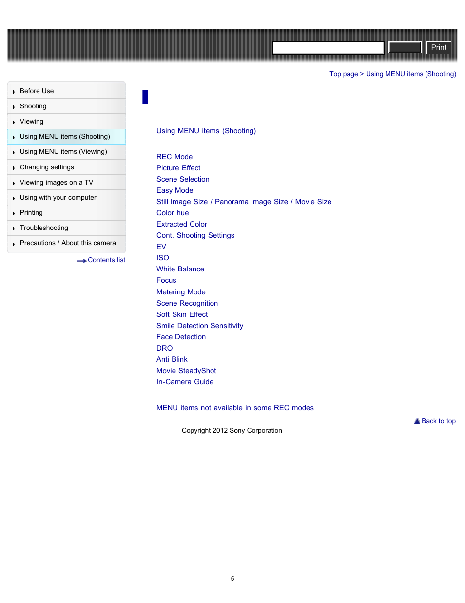 Using menu items (shooting), Cyber-shot user guide | Sony DSC-W630 User Manual | Page 5 / 186