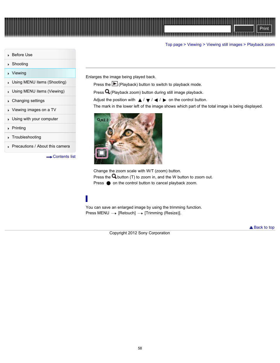 Playback zoom, Cyber-shot user guide | Sony DSC-W630 User Manual | Page 58 / 186