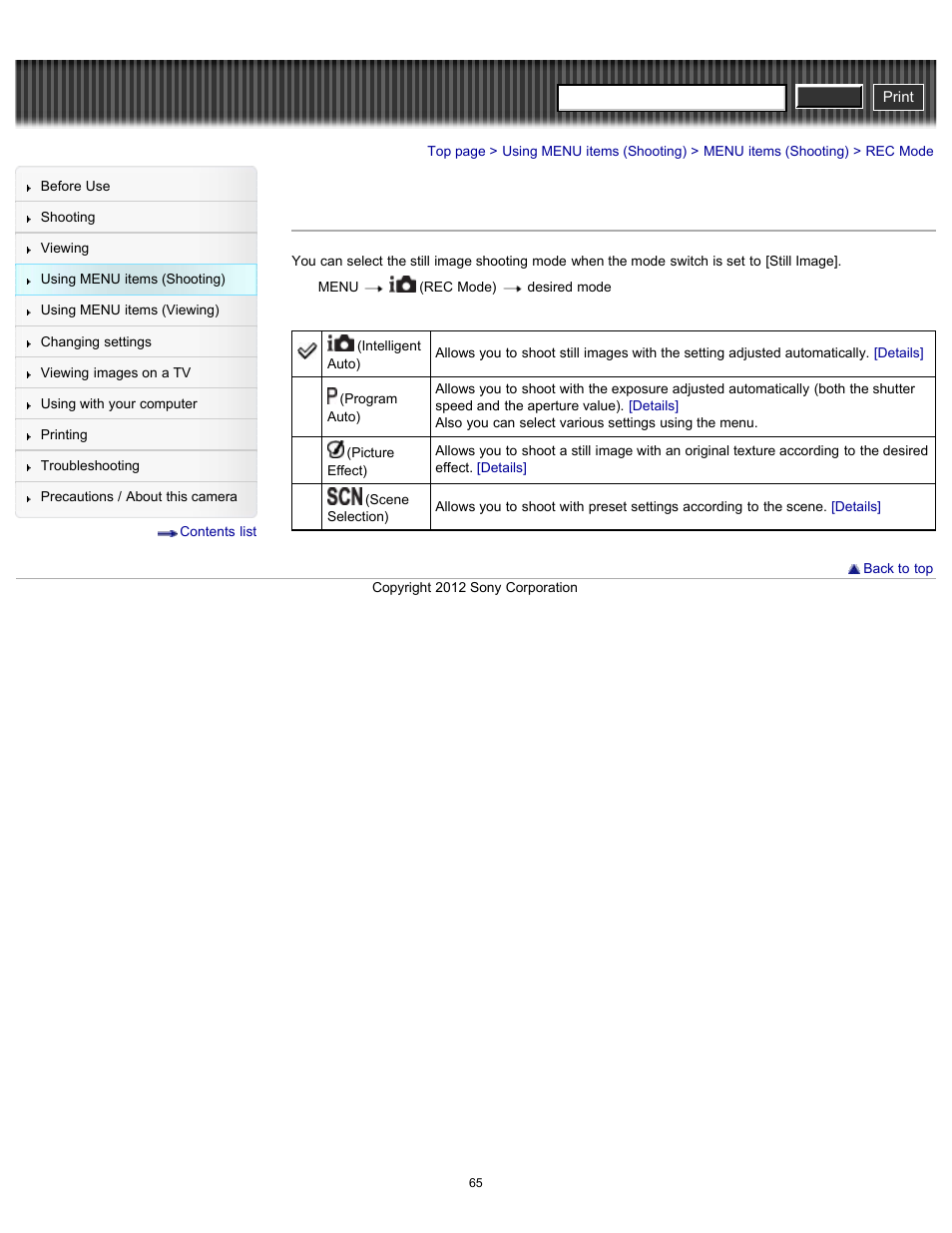 Rec mode, Cyber-shot user guide | Sony DSC-W630 User Manual | Page 65 / 186