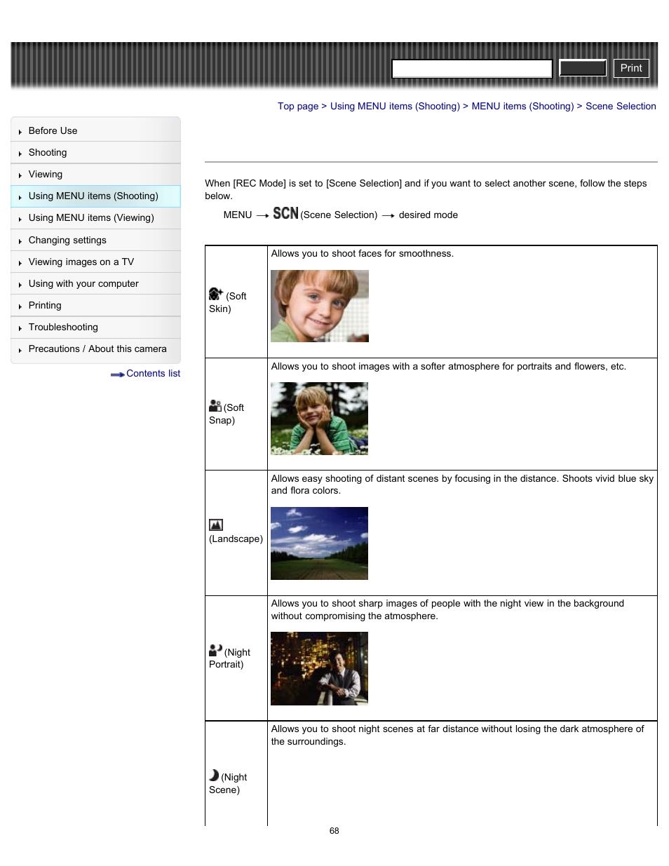 Scene selection, Cyber-shot user guide | Sony DSC-W630 User Manual | Page 68 / 186