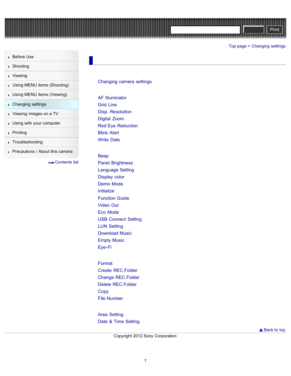 Changing settings, Cyber-shot user guide | Sony DSC-W630 User Manual | Page 7 / 186