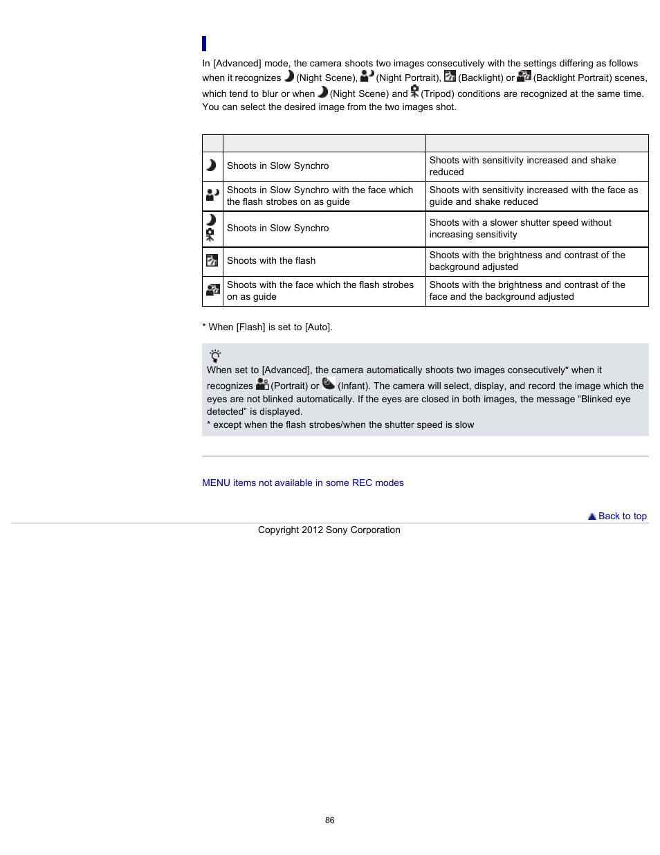 Advanced mode, Details | Sony DSC-W630 User Manual | Page 86 / 186