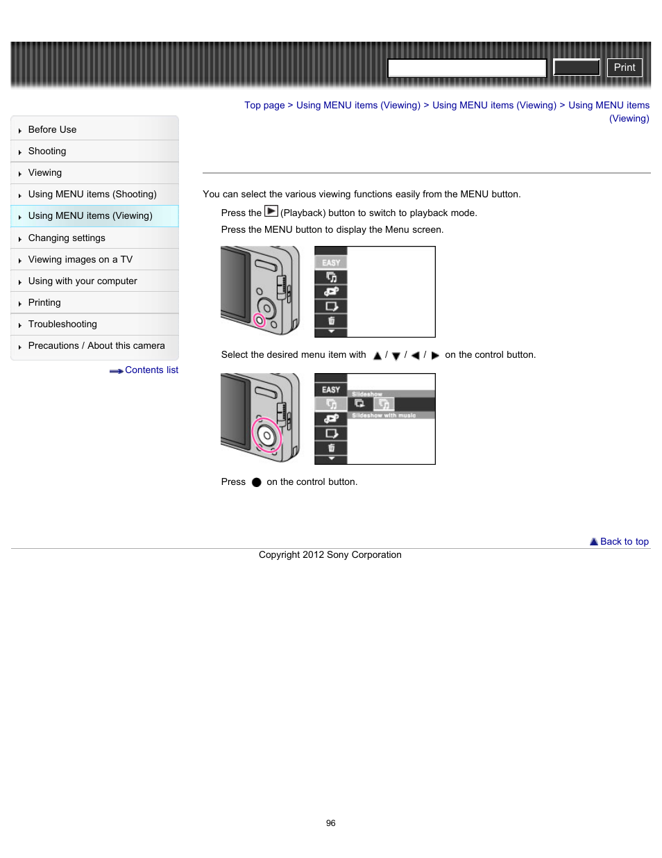 Using menu items (viewing), Cyber-shot user guide | Sony DSC-W630 User Manual | Page 96 / 186
