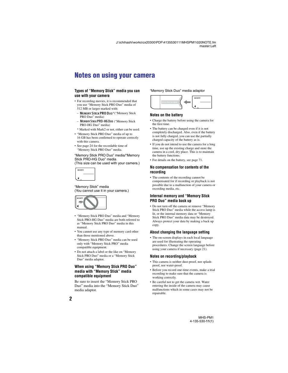 Notes on using your camera | Sony bloggie  MHS-PM1 User Manual | Page 2 / 75