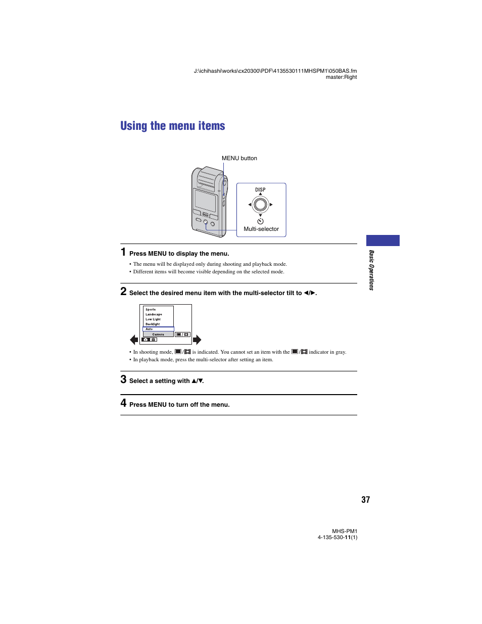 Using the menu items, N (37) | Sony bloggie  MHS-PM1 User Manual | Page 37 / 75