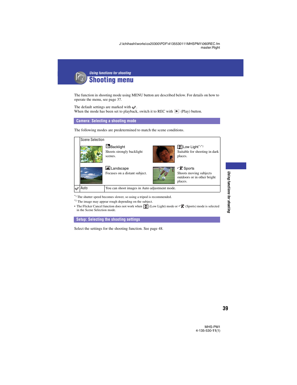 Shooting menu, Camera: selecting a shooting mode, Setup: selecting the shooting settings | Using functions for shooting | Sony bloggie  MHS-PM1 User Manual | Page 39 / 75