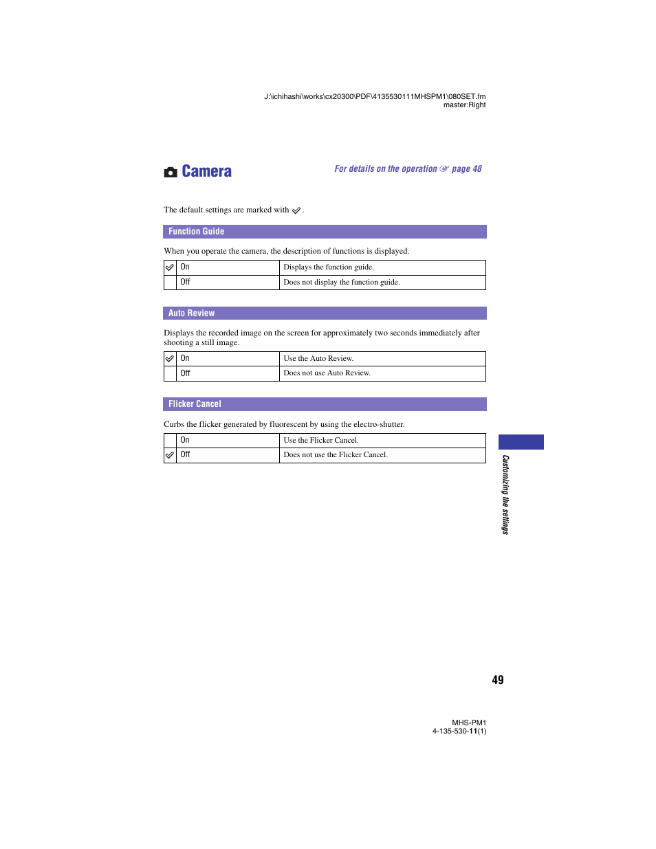 Camera, Function guide, Auto review | Flicker cancel, Function guide auto review | Sony bloggie  MHS-PM1 User Manual | Page 49 / 75