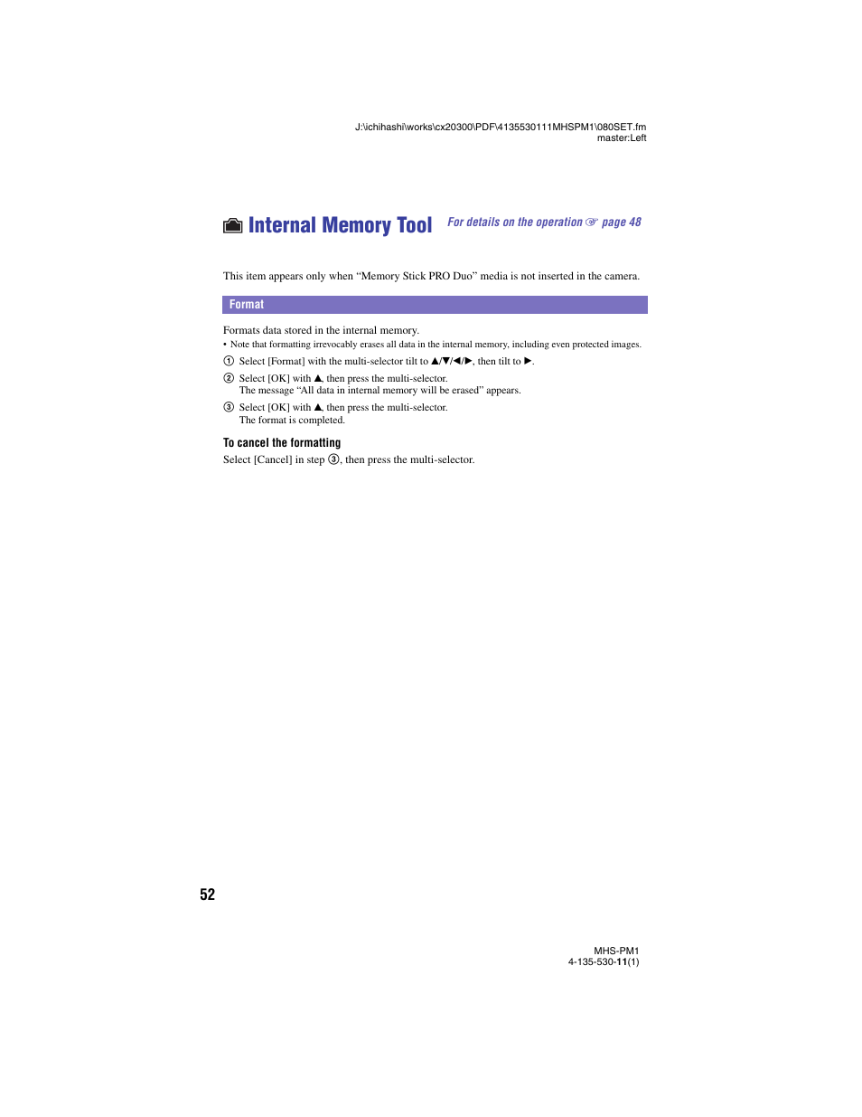 Internal memory tool, Format | Sony bloggie  MHS-PM1 User Manual | Page 52 / 75