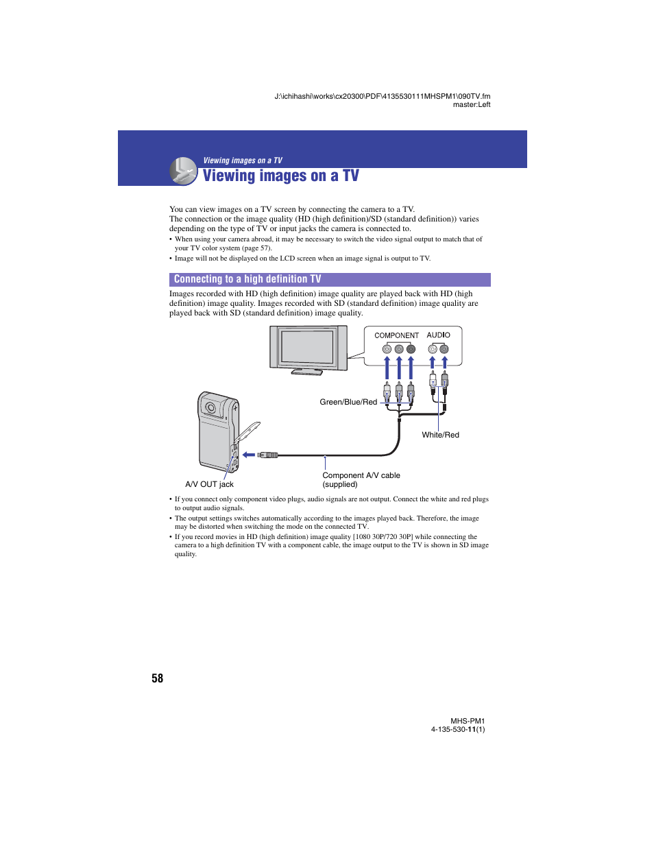 Viewing images on a tv, Connecting to a high definition tv | Sony bloggie  MHS-PM1 User Manual | Page 58 / 75