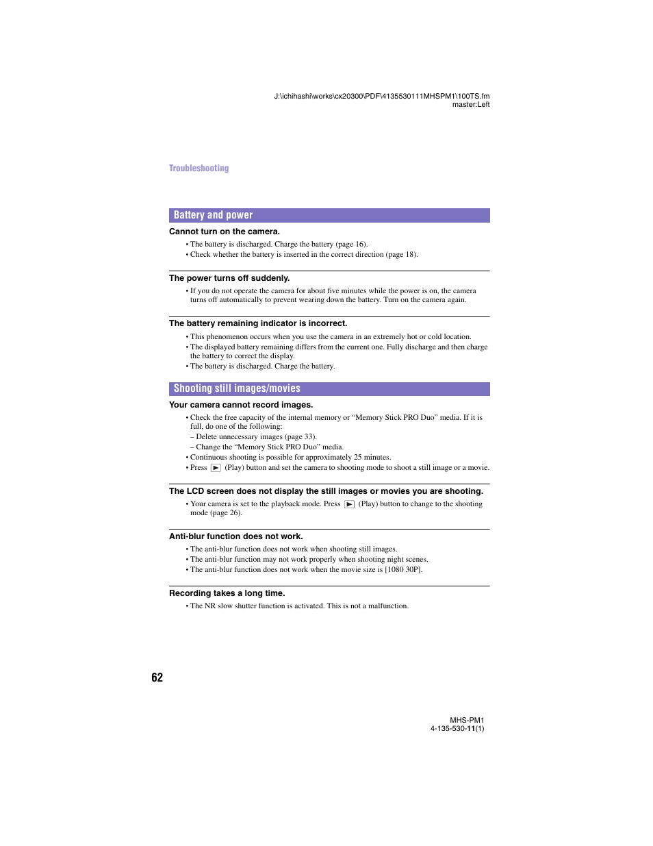 Battery and power, Shooting still images/movies, Battery and power shooting still images/movies | Sony bloggie  MHS-PM1 User Manual | Page 62 / 75