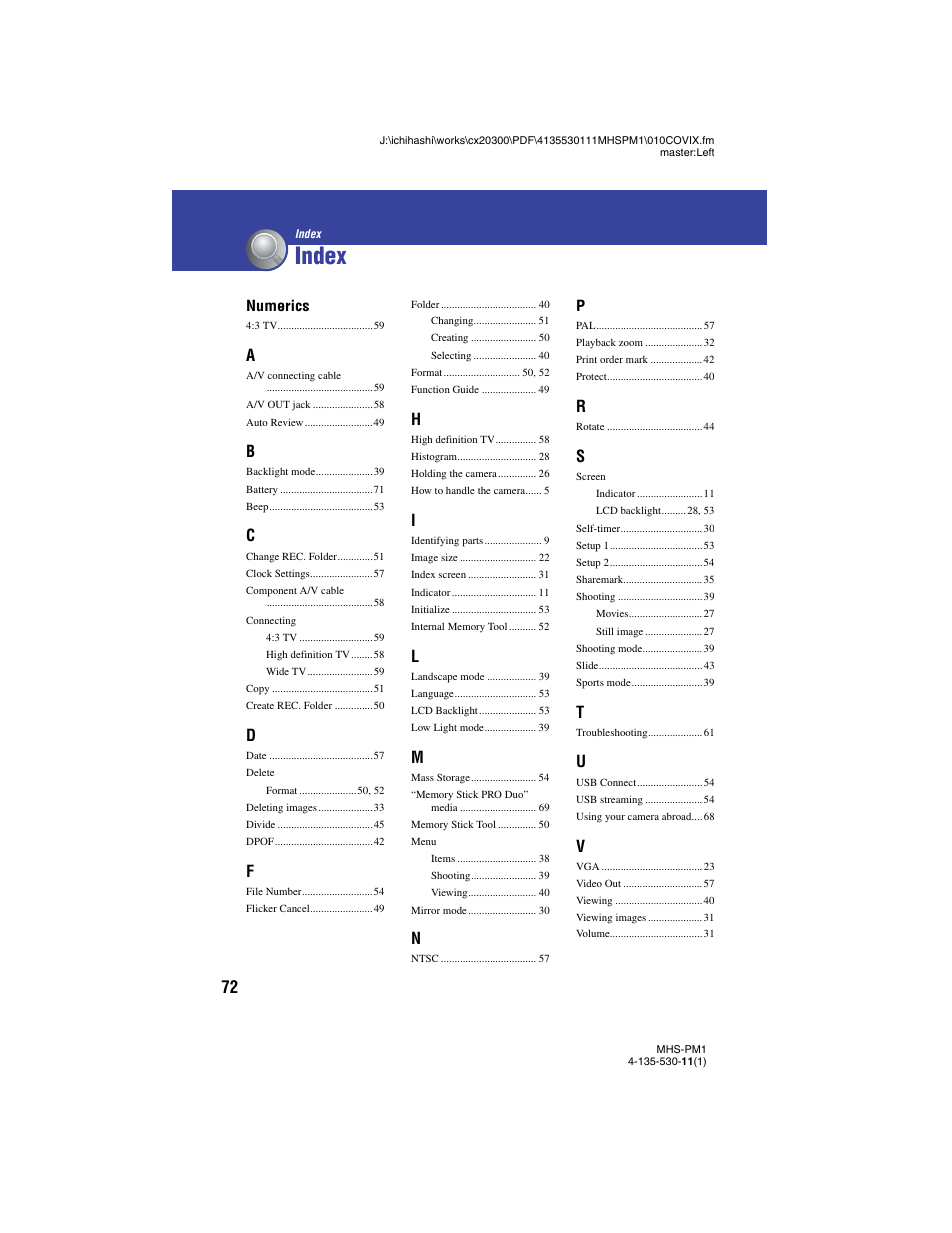 Index, Numerics | Sony bloggie  MHS-PM1 User Manual | Page 72 / 75