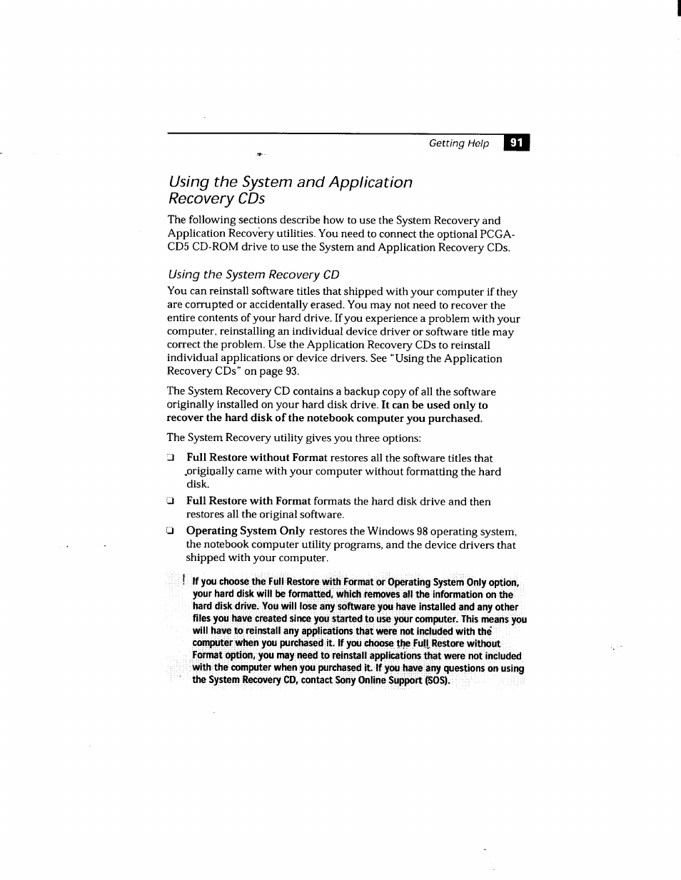 Using the system and application recovery cds, Using the system recovery cd | Sony PCG-505GX User Manual | Page 101 / 123