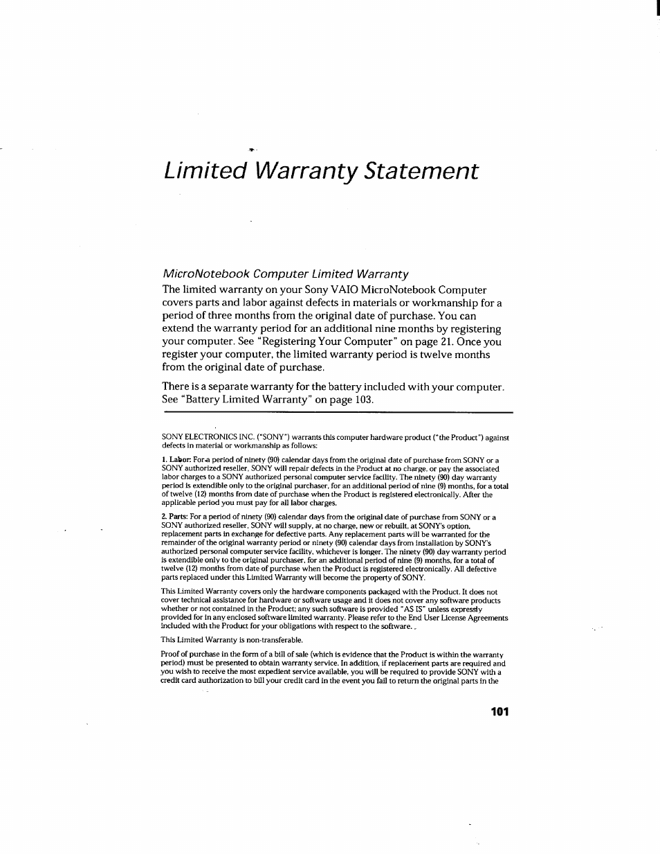 Limited warranty statement | Sony PCG-505GX User Manual | Page 111 / 123