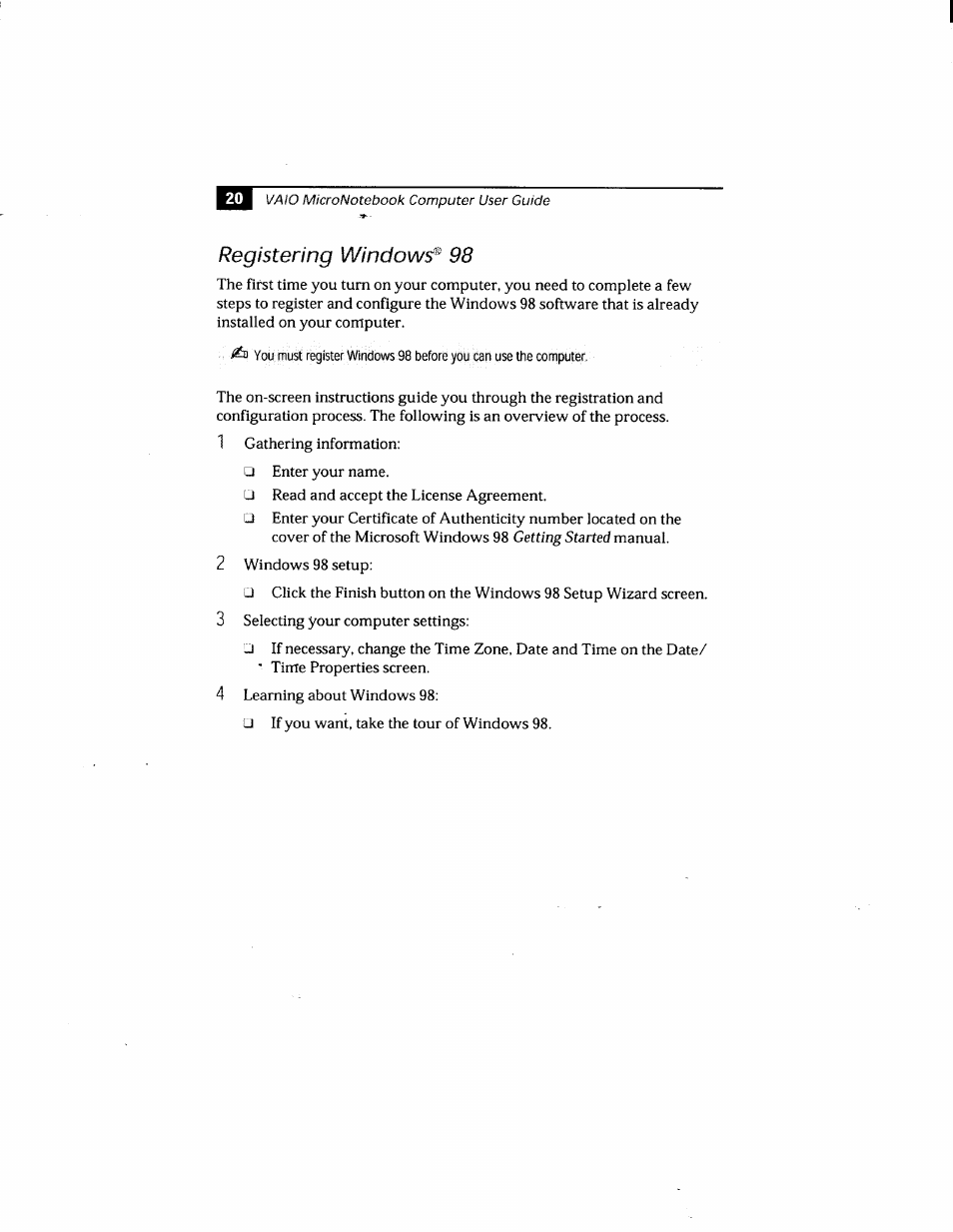 Registering windows^ 98, Registering windows® 98 | Sony PCG-505GX User Manual | Page 30 / 123