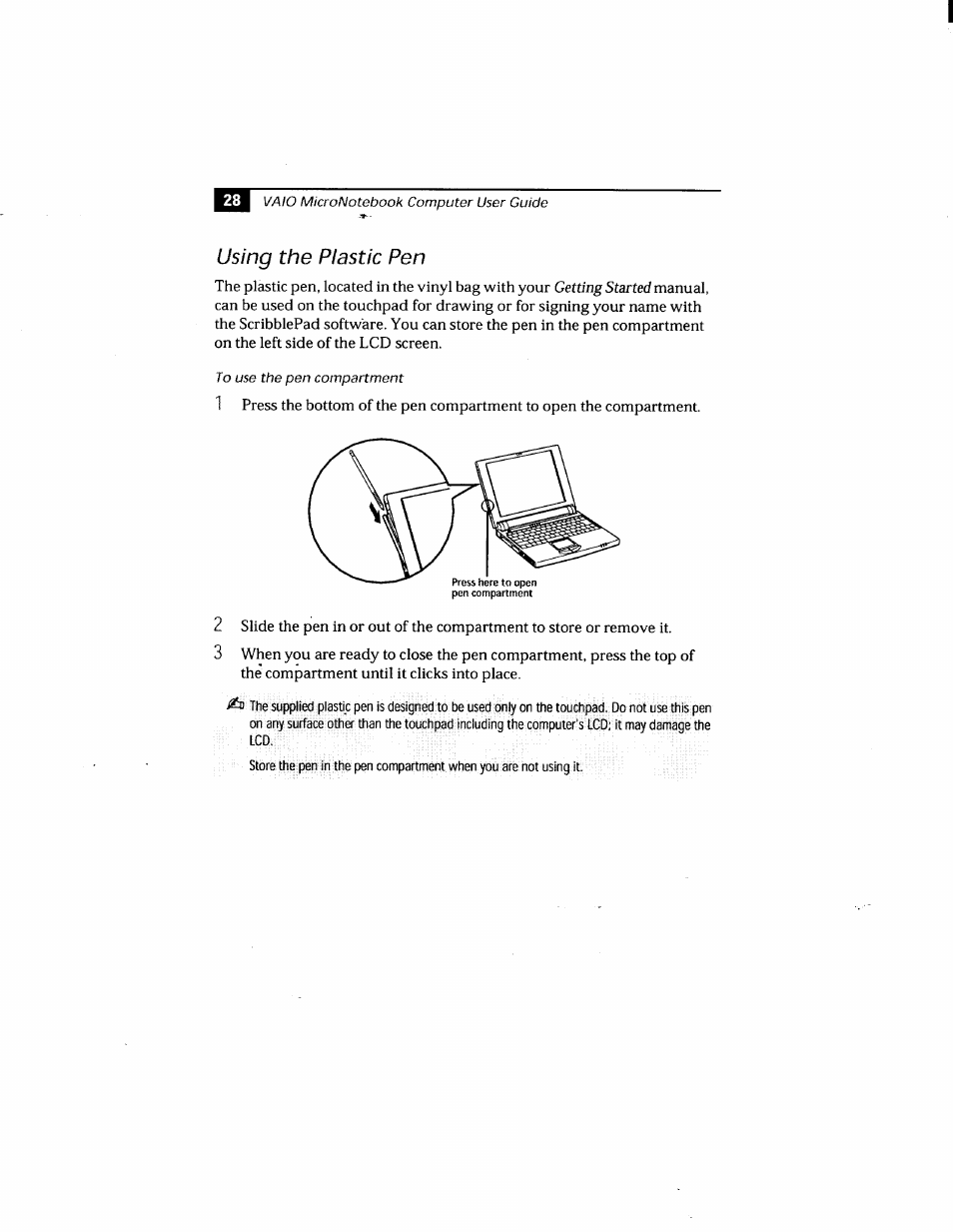 Using the plastic pen | Sony PCG-505GX User Manual | Page 38 / 123