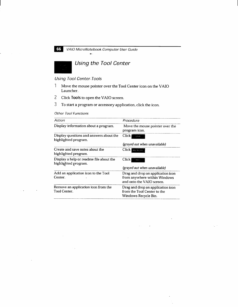 Using the tool center, Using tool center. tools, Using t ool center t ools | Sony PCG-505GX User Manual | Page 76 / 123