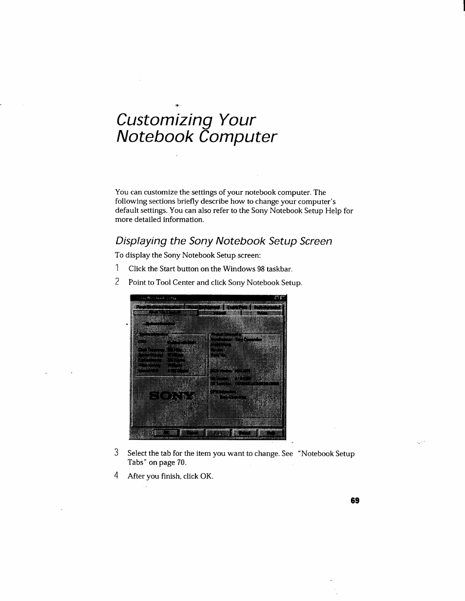 Customizing your notebook computer, Displaying the sony notebook setup screen, Sony; . ;::r | Sony PCG-505GX User Manual | Page 79 / 123