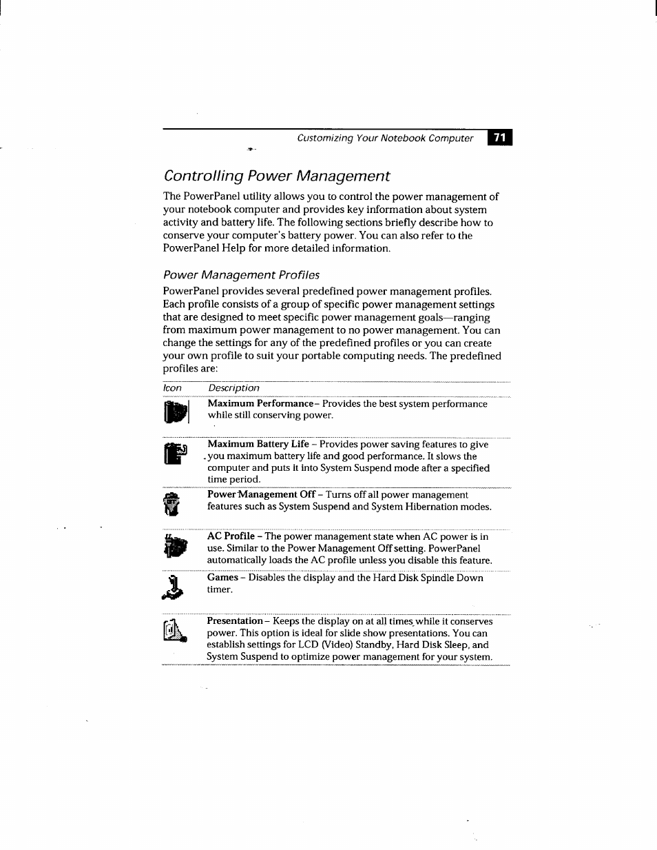 Controlling power management, Power management profiles | Sony PCG-505GX User Manual | Page 81 / 123