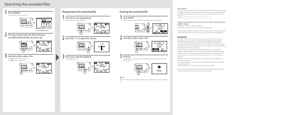 Searching the recorded files | Sony ICD-LX30BLK User Manual | Page 2 / 2