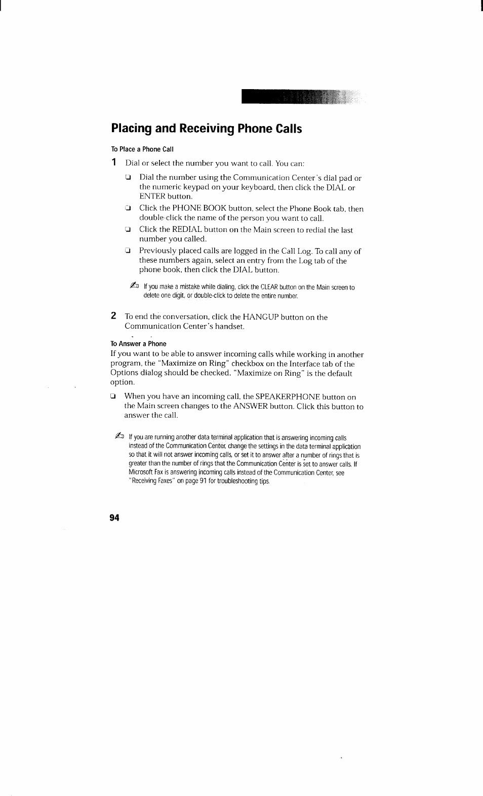 Placing and receiving phone calls, To place a phone call, To answer a phone | Sony PCV-230 User Manual | Page 102 / 164