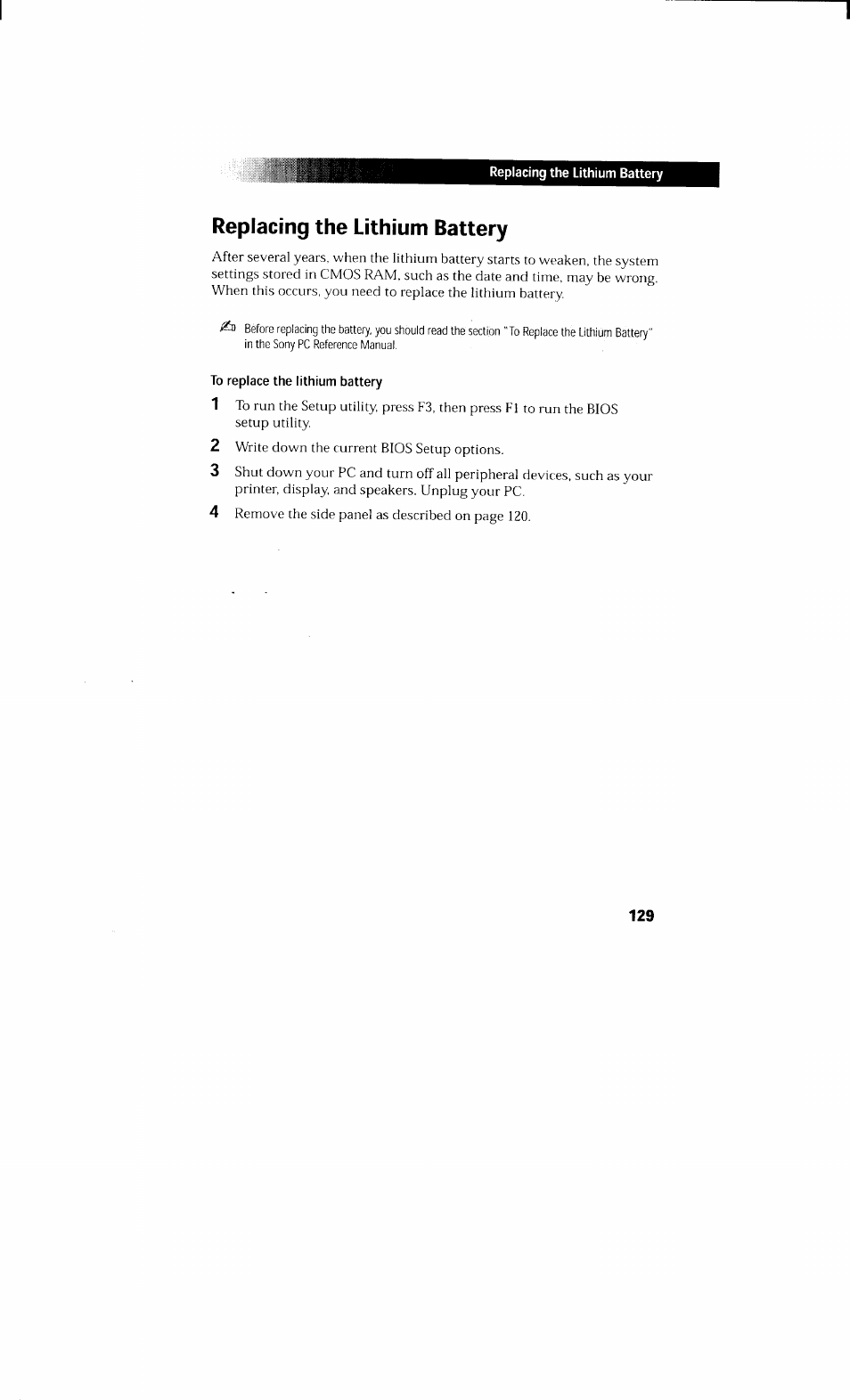 Replacing the lithium battery, To replace the lithium battery | Sony PCV-230 User Manual | Page 137 / 164