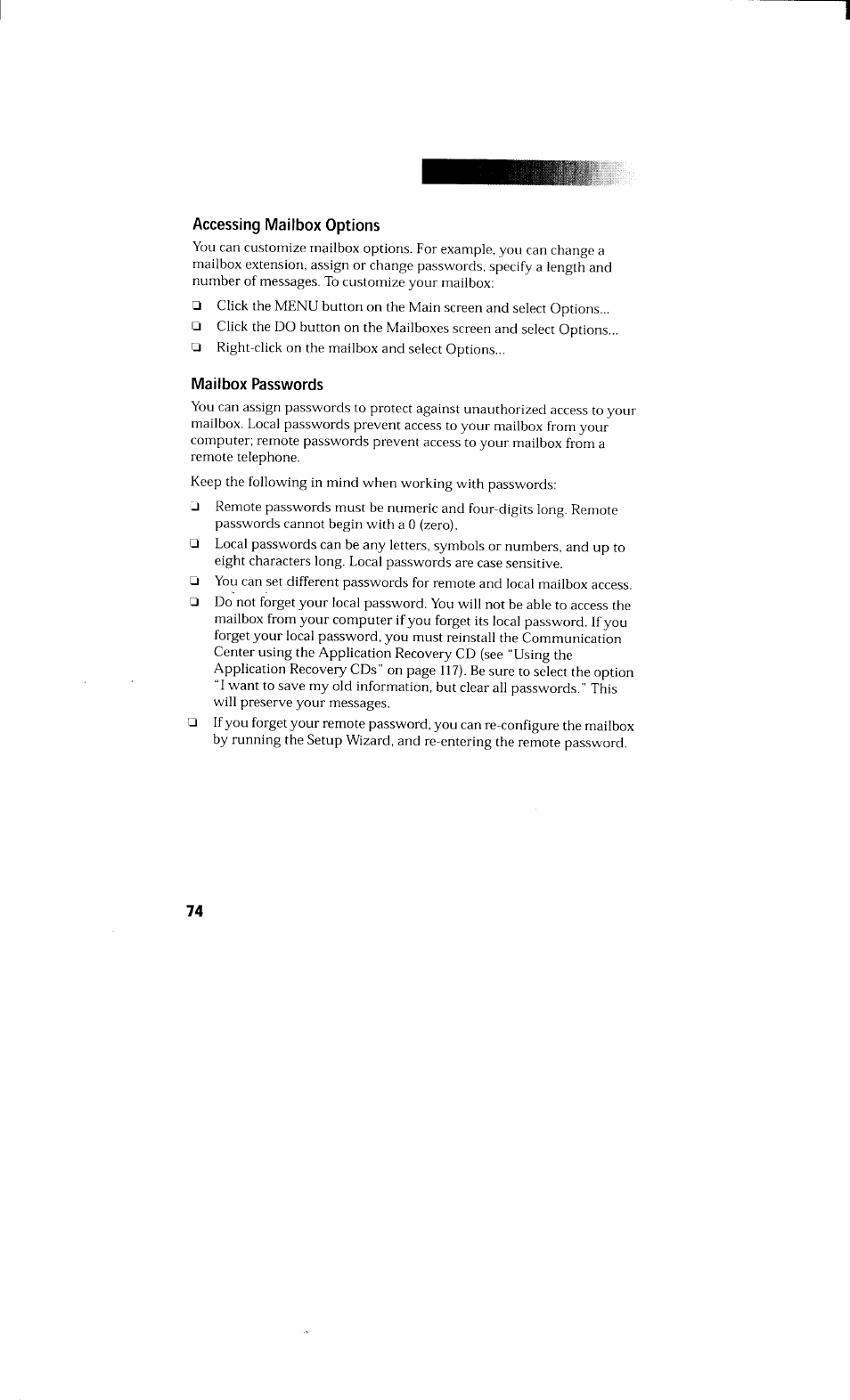 Accessing mailbox options, Mailbox passwords, Accessing mailbox options mailbox passwords | Sony PCV-230 User Manual | Page 82 / 164