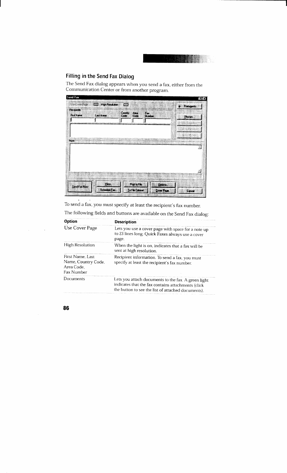 Filling in the send fax dialog | Sony PCV-230 User Manual | Page 94 / 164