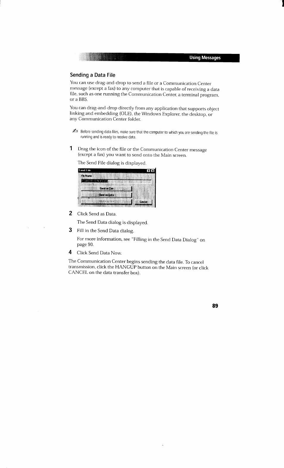 Sending a data file, Using messages | Sony PCV-230 User Manual | Page 97 / 164