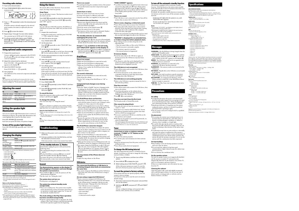 Troubleshooting, Messages, Precautions | Specifications | Sony RDH-GTK33iP User Manual | Page 2 / 2