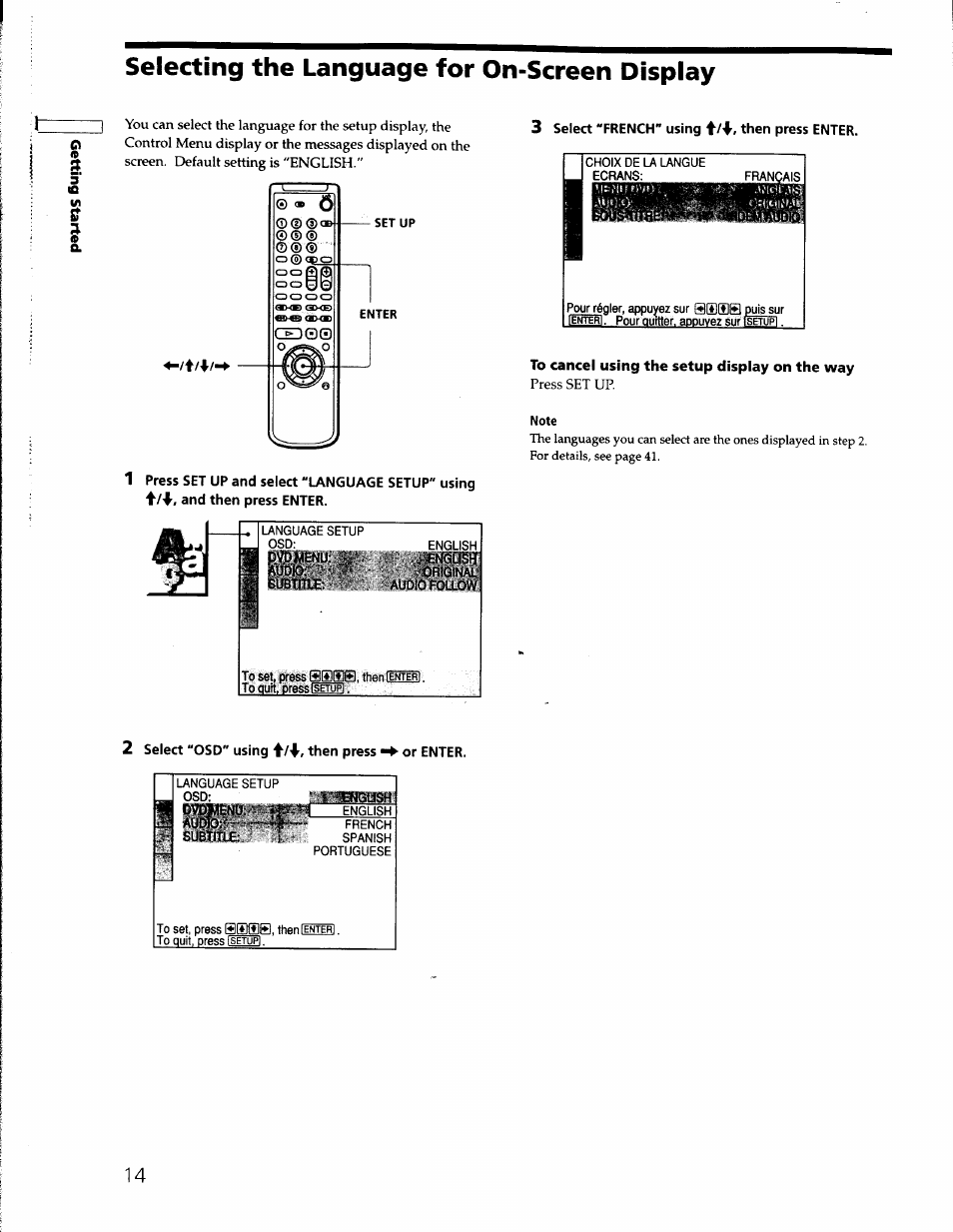 Selecting the language for on-screen display, 3 select "french" using f/4^, then press enter, English | Original, Âudlqeolloiaü, To cancel using the setup display on the way, Note, 2 select "osd" using \l\, then press or enter, Ovd^enu: subtitle | Sony DVP-S330 User Manual | Page 14 / 62