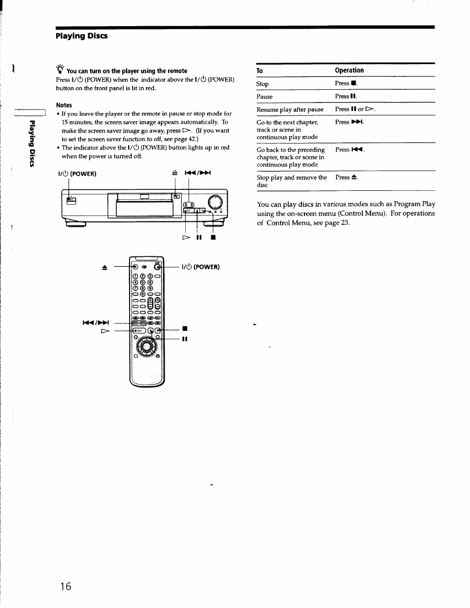 Playing discs, 9 you can turn on the player using the remote, Notes | L/d) (power) | Sony DVP-S330 User Manual | Page 16 / 62