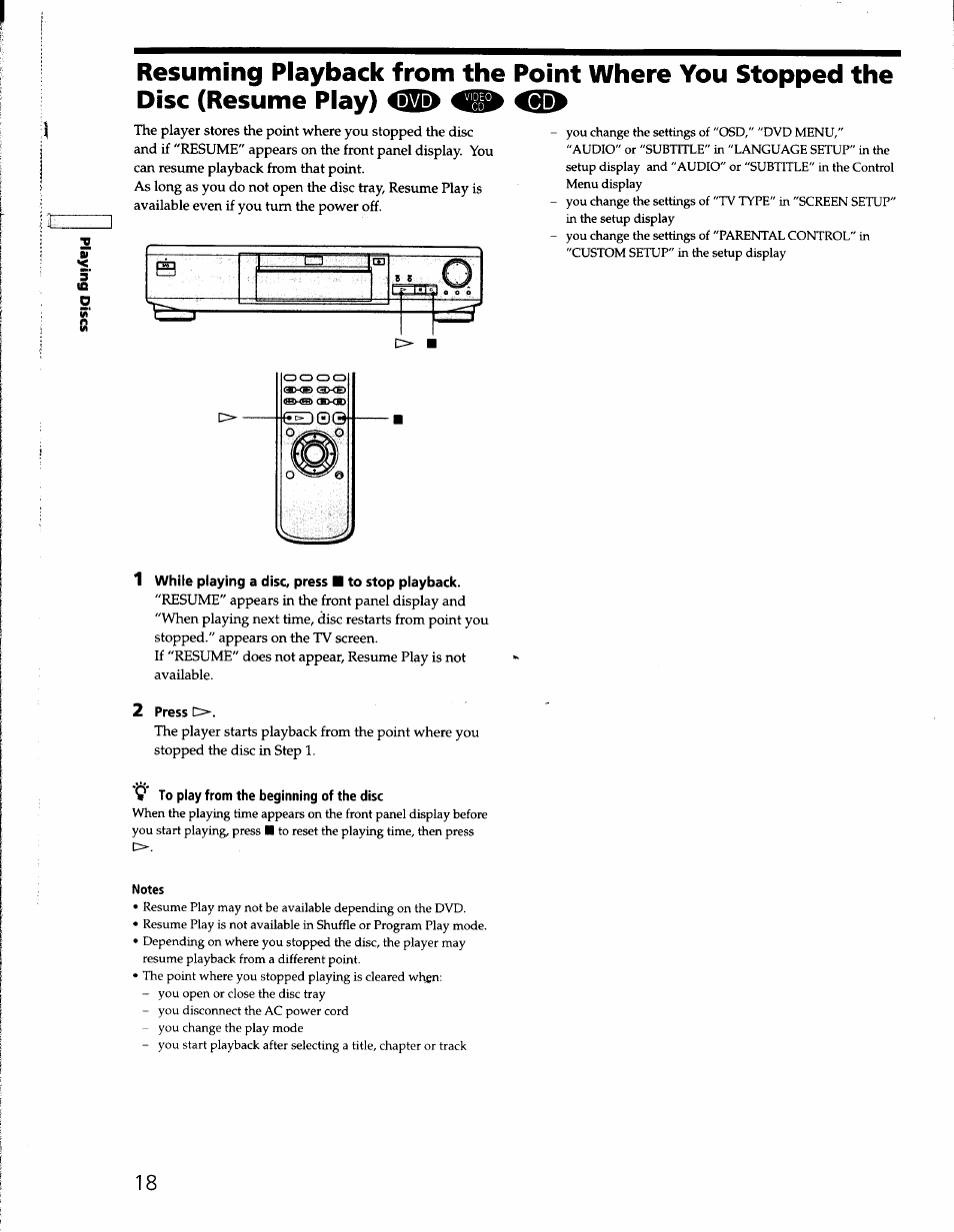 1 while playing a disc, press ■ to stop playback, 2 press o, 9 to play from the beginning of the disc | Notes | Sony DVP-S330 User Manual | Page 18 / 62