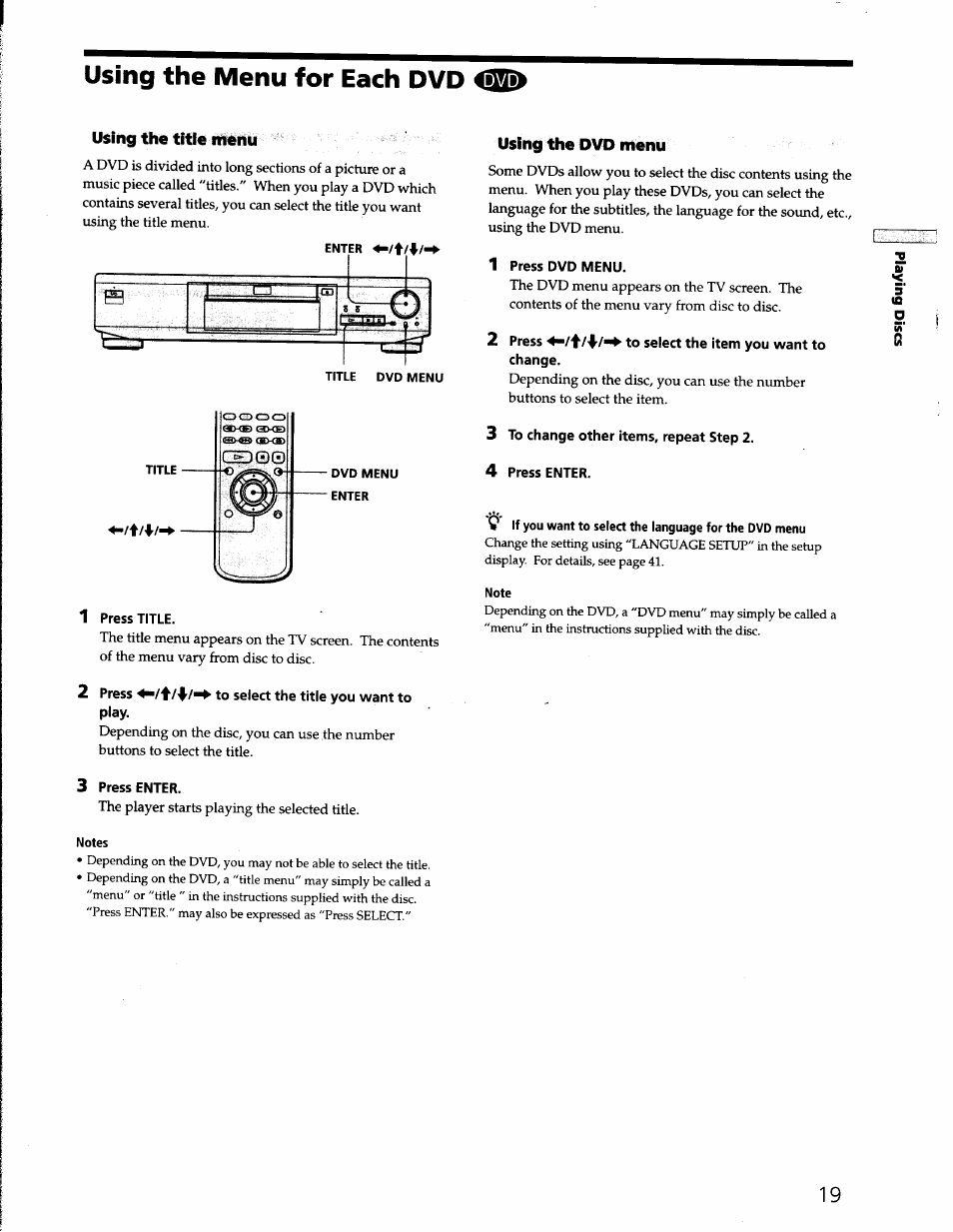 Enter, 1 press title, 2 press to select the title you want to | Play, 3 press enter, Notes, 1 press dvd menu, 2 press to select the item you want to, Change, 3 to change other items, repeat step 2 | Sony DVP-S330 User Manual | Page 19 / 62