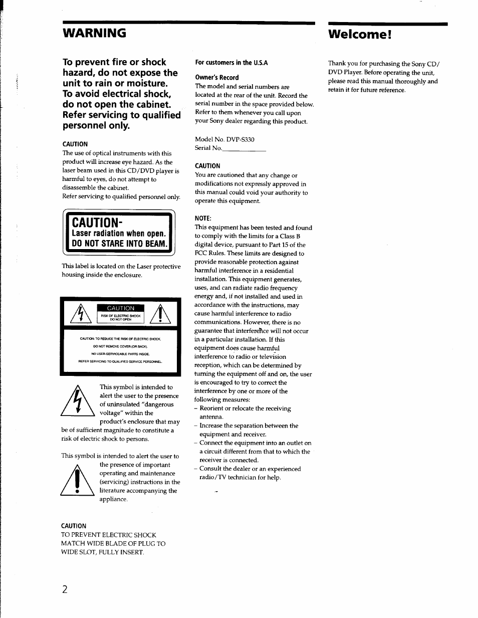 Warning, Welcome, Caution | For customers in the u.s.a owner's record, Note, Warning welcome | Sony DVP-S330 User Manual | Page 2 / 62