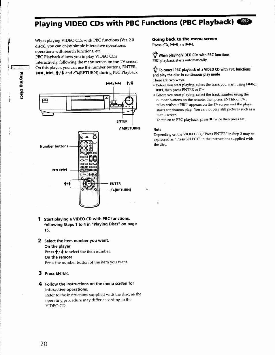 Going back to the menu screen, Note, 2 select the item number you want | On the player, On the remote, 3 press enter | Sony DVP-S330 User Manual | Page 20 / 62