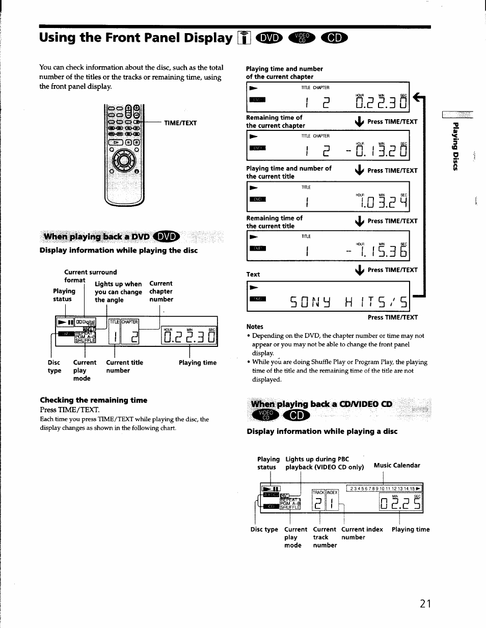 Using the front panel display [x, Checking the remaining time, Display information while playing a disc | When playing back a dvd ityill, When playing back a cdafideo cd, Gg.g5, La o | Sony DVP-S330 User Manual | Page 21 / 62