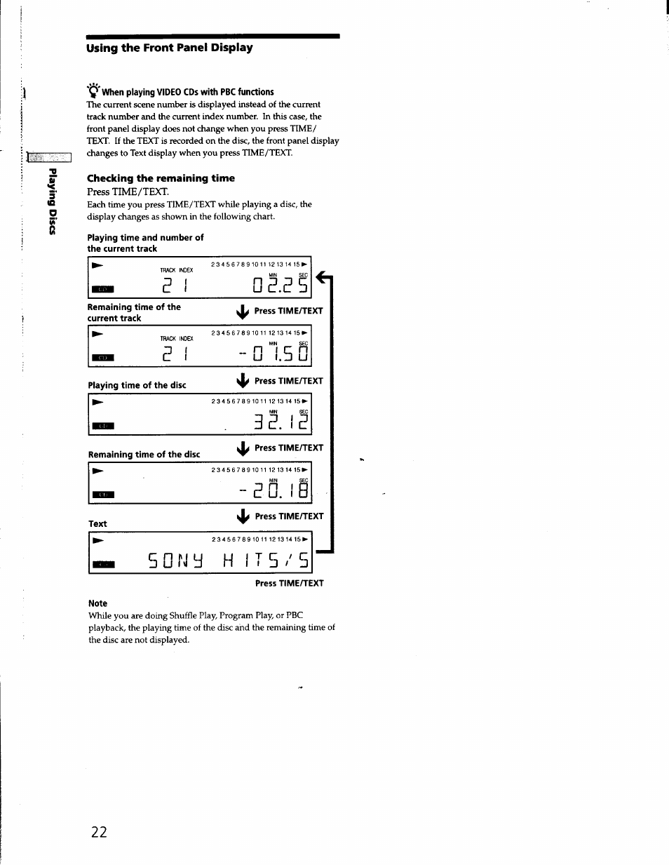 Q'when playing video cds with pbc functions, Checking the remaining time, Playing time and number of the current track | Remaining time of the current track, Press time/text, Note | Sony DVP-S330 User Manual | Page 22 / 62