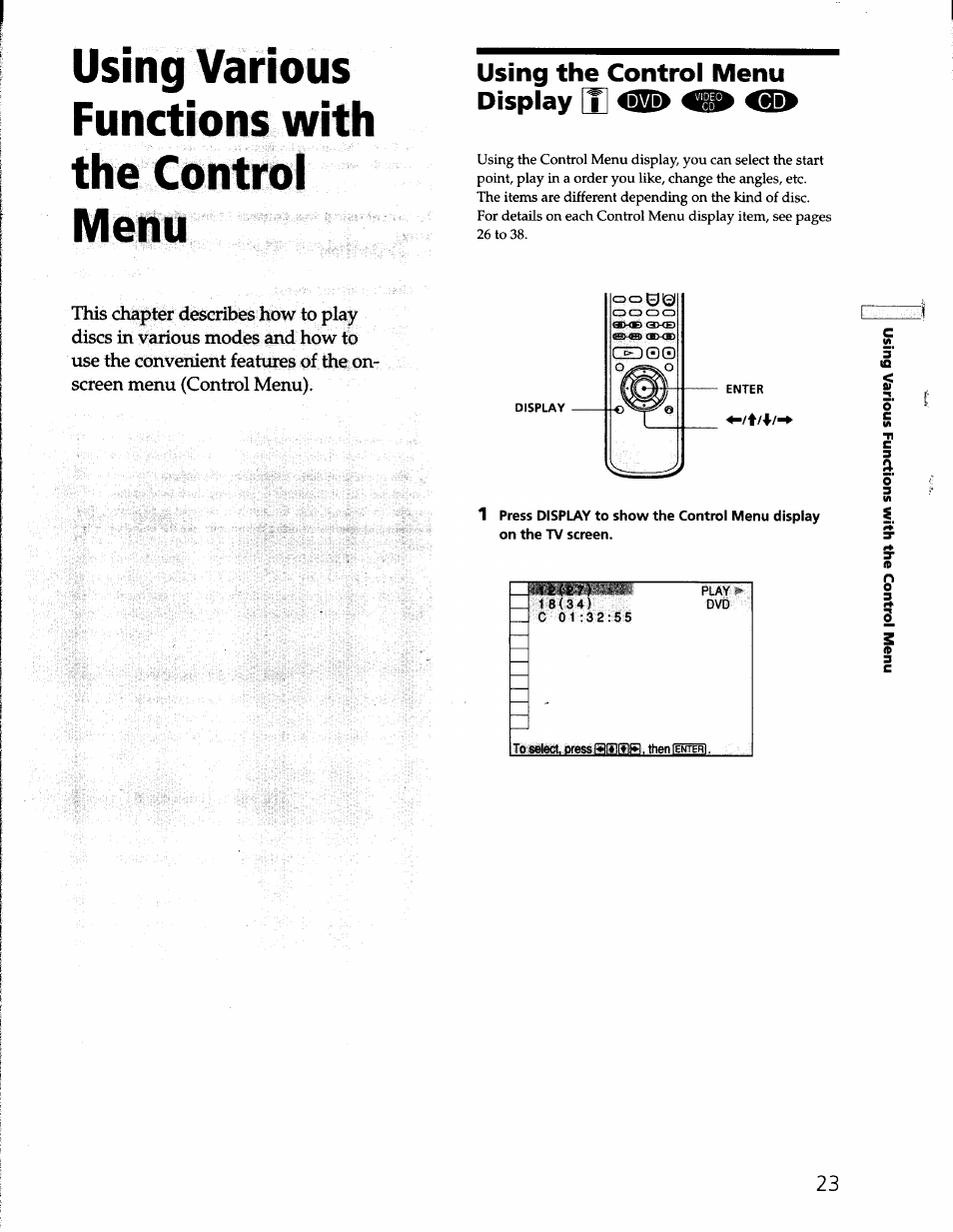 Functions the control menu, Using th^control menu display | Sony DVP-S330 User Manual | Page 23 / 62