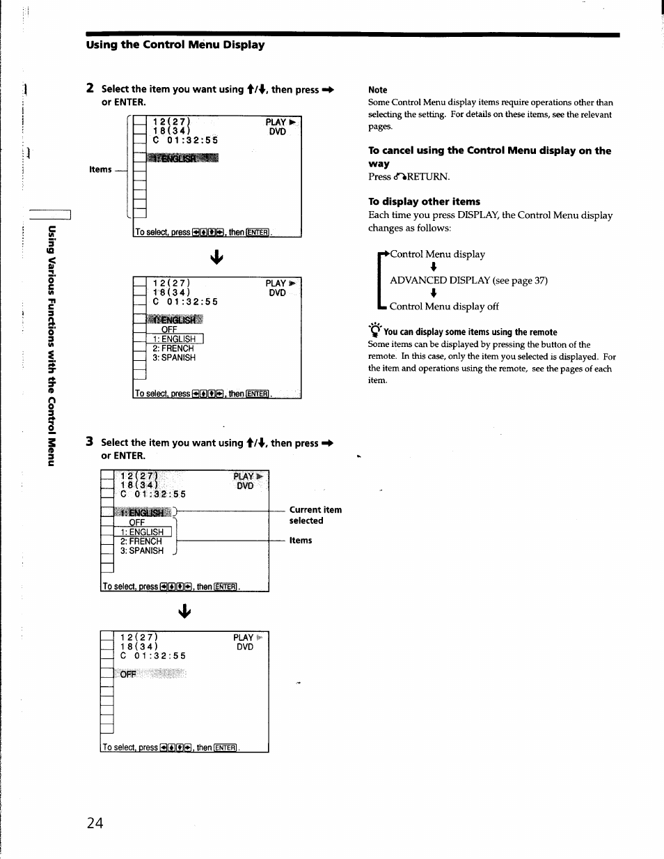 Play, V english, Note | To display other items, Q* you can display some items using the remote, Current item selected, Items, Using the control menu display | Sony DVP-S330 User Manual | Page 24 / 62